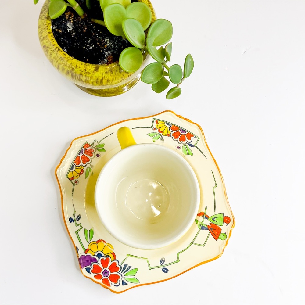 Vintage Art Deco Grimwades Bone China Floral Saucer With Yellow Mug - Picture 6 of 9